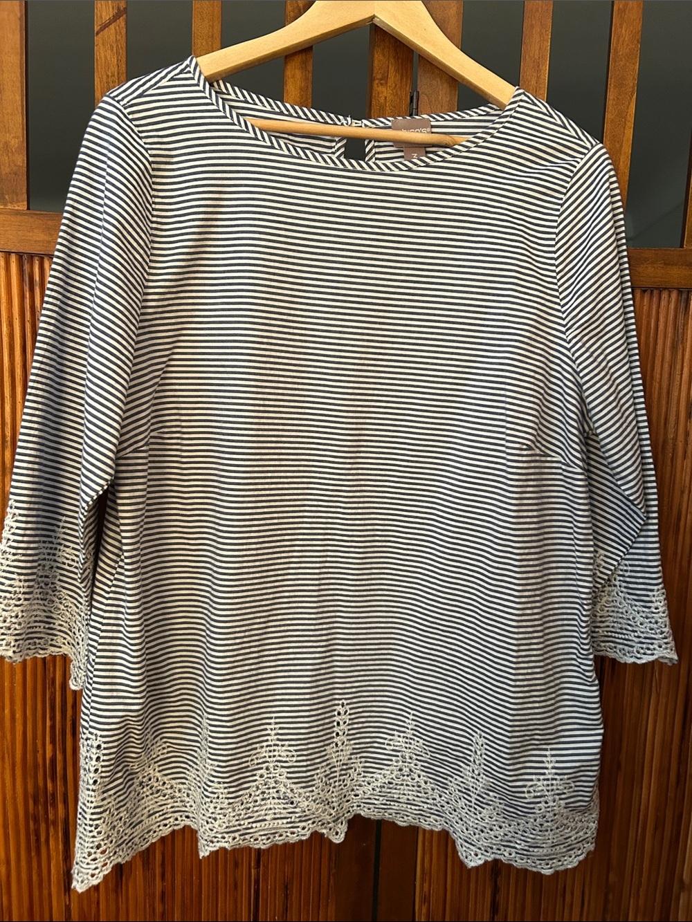 Chico's Denim Blue & White Striped 3/4” Sleeve Top with Lace Trim